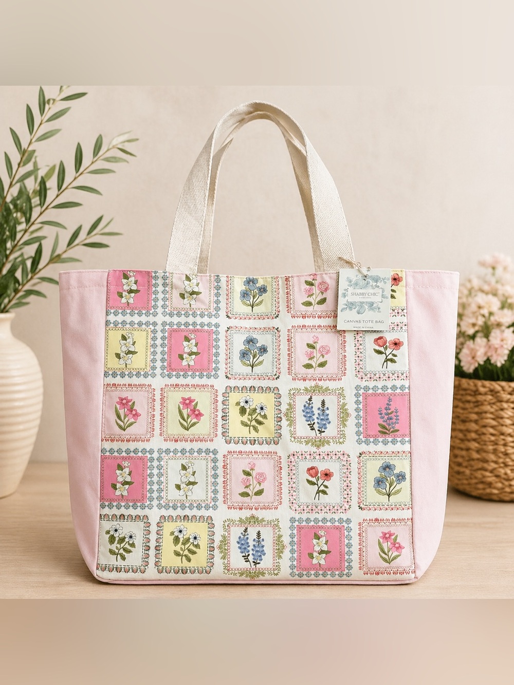 NWT Shabby Chic Pink Floral Patchwork Canvas Tote